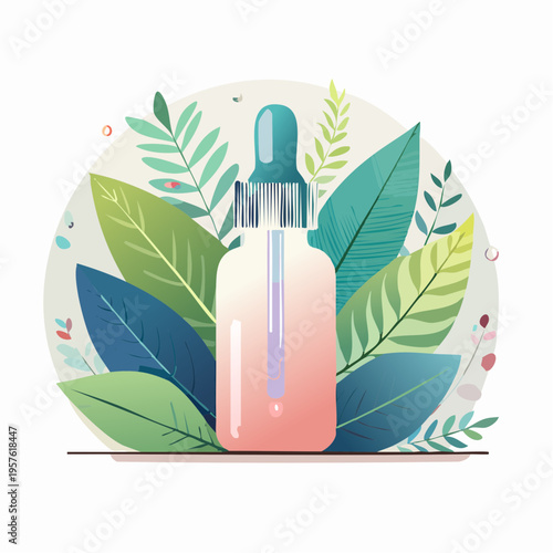 Flacon compte‑gouttes avec extrait naturel et feuilles botaniques