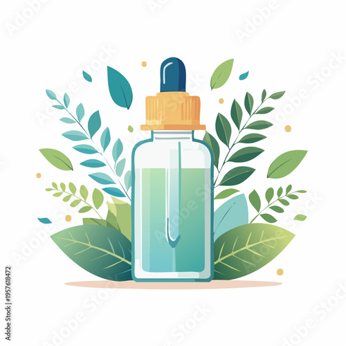 Flacon compte‑gouttes avec extrait naturel et feuilles botaniques