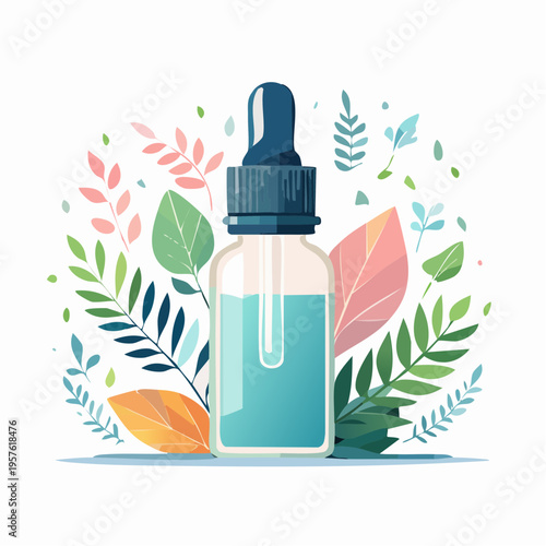 Flacon compte‑gouttes avec extrait naturel et feuilles botaniques