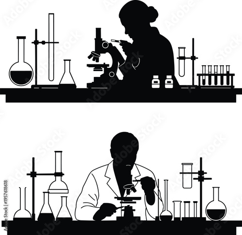 Scientists working in laboratory with microscope and glassware, medical research silhouettes, chemical analysis, scientific experiment, biotech engineering, healthcare professional development vector.