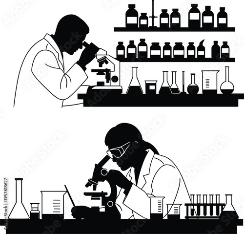 Scientists using microscopes in laboratory, conducting detailed research analysis, chemistry biology experiments, scientific discovery teamwork, innovation medical science environment