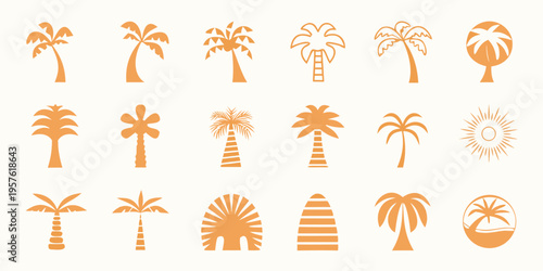 A collection of vibrant orange tropical palm tree and sun icons