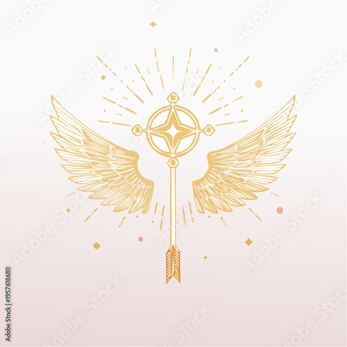 Symbole ailé doré inspiré de mythologie et iconographie sacrée