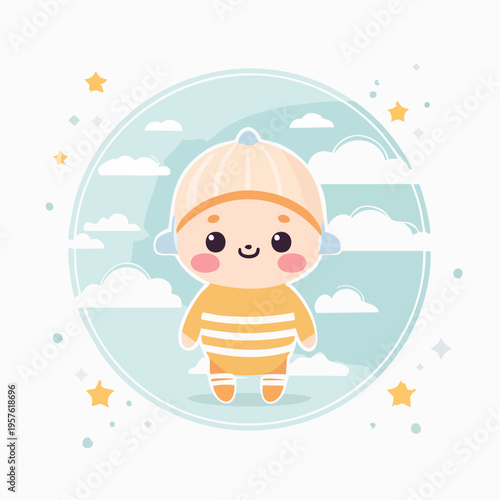 Personnage de bébé, style  cartoon, mignon, dans un décor céleste – Illustration kawaii pastel