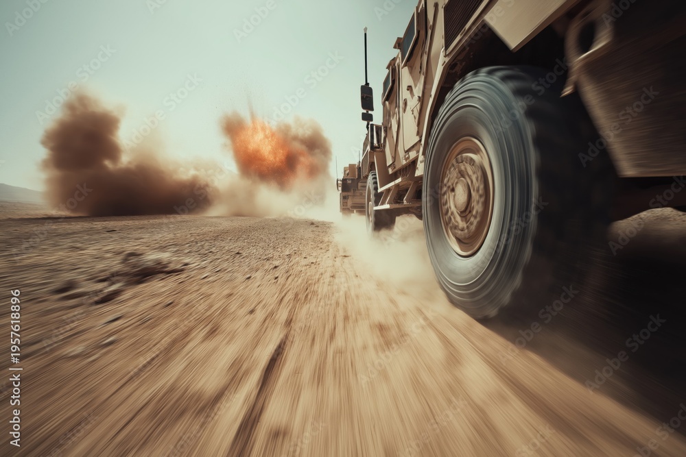 Fototapeta premium Military vehicle drives on dusty ground as explosion occurs in the background during a training exercise in a remote area