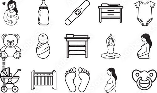 Black and white line art illustrates the tender journey of pregnancy and infancy, encompassing key elements for parenthood, from prenatal care to early childhood essentials.