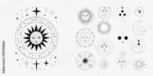 Celestial designs featuring suns moons and faces in a black and white style