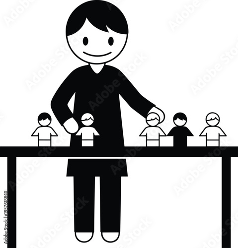 Silhouette person arranging toy figures, educational activity, child development, psychology therapy session, imaginative play, learning interaction, developmental illustration scene