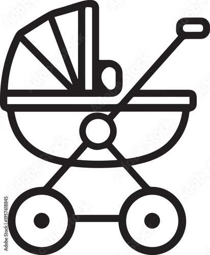 A black and white line art image of a baby stroller, offering a minimalist yet charming illustration of this essential baby gear.