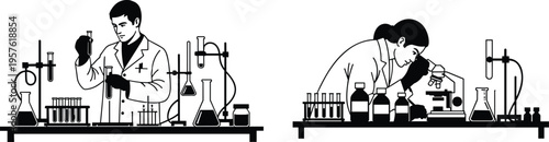 Scientists working in modern laboratory, conducting experiments with test tubes, microscope, glassware, research analysis, chemistry, biology, science teamwork
