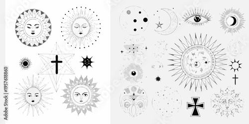 Celestial designs featuring suns moons eyes stars and abstract shapes