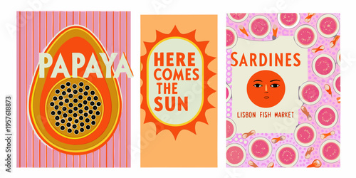 Retro fruit and fish market posters with vibrant colors and bold typography