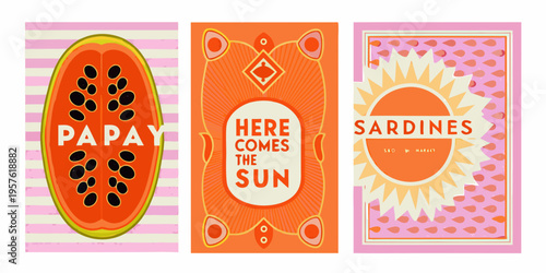 Three vibrant rectangular art prints featuring fruit and sunny imagery