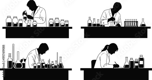 Silhouette scientists working in laboratory, conducting experiments, writing notes, analyzing data, chemistry biology teamwork, research science innovation discovery