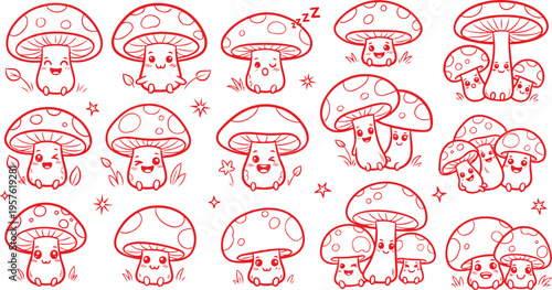 Kawaii mushroom character collection with cute faces and red caps