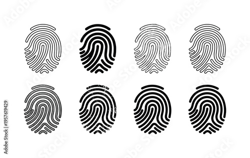 Collection of eight diverse fingerprint icons in black and white for identification and security concepts