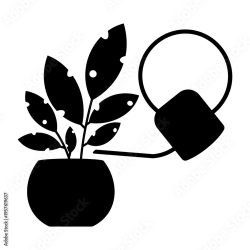Plant watering illustration with damaged leaves and watering can, care and growth concept, home gardening symbol, nurturing nature and plant health recovery, minimal black silhouette design