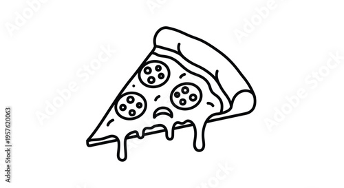 A slice of melting cheese pizza with a frowning face