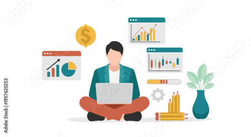 Businessman working remotely on laptop with financial data and growth icons