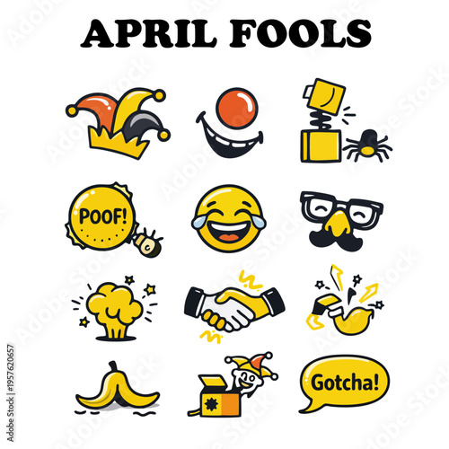 April Fools Day Icon Set Flat Vector Funny Prank Minimal Two Color Icons