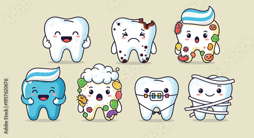 Cute cartoon teeth characters with different dental issues