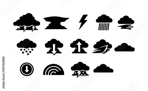 Solid vector icons of thunderstorm elements: cumulonimbus, anvil cloud, lightning strike, rain shaft, hailstone, downdraft,