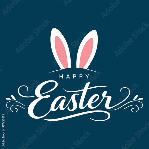 Happy Easter Typography Design with Bunny Ears Minimal Flat Vector Illustration on Dark Background