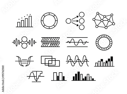 Line style vector icons of payment processing analytics and reporting: frequency tile, interval ring, transition node,