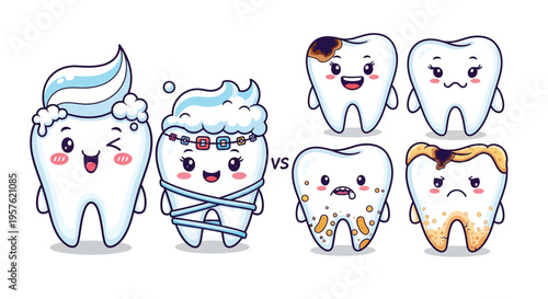 Healthy vs Unhealthy Teeth Cartoon Illustration