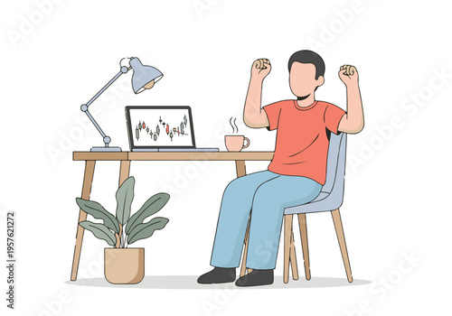 Man celebrating trading success, looking at stock market chart on laptop