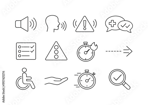 Line style of hands free medical guidance icons: speaker, voice command, alert tone, response; symptom list, triage, urgency,