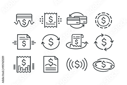 Line style vector icons of payment processing billing and invoicing: resonance line, pattern tile, sync band, pattern ring,