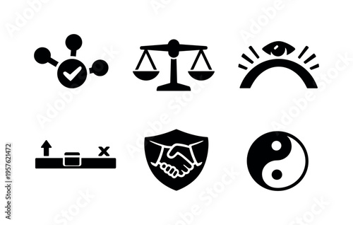 Solid style icons of dilemma resolution insights: optimal strategy node, equilibrium marker, clarity arc, decision threshold bar,