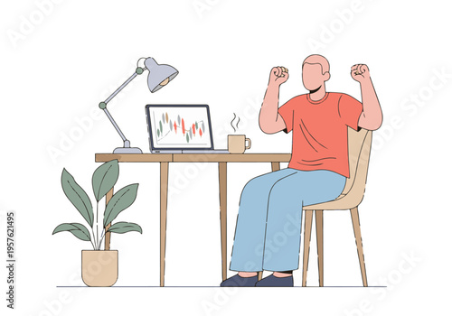 Man celebrating financial success with online stock trading on laptop