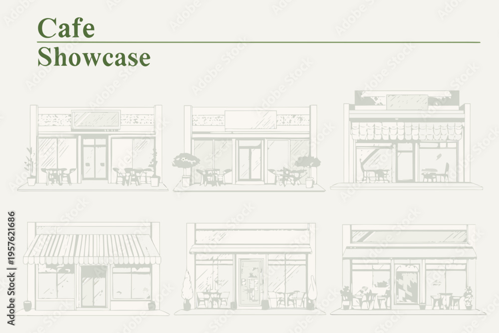 Obraz premium Minimalist illustration of a row of quaint cafe storefronts