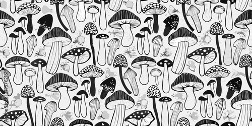 A seamless pattern of various illustrated mushrooms in black and white
