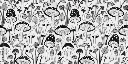A dense repeating pattern of various black and white mushrooms