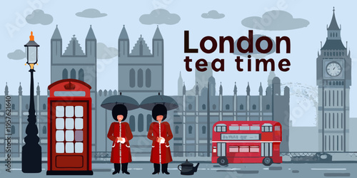 A colorful illustration depicting iconic landmarks and culture of london