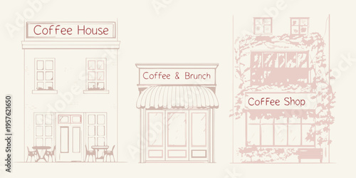 Sketch of three coffee shops with storefronts and outdoor seating areas