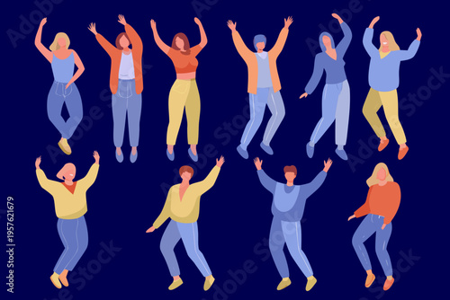 A group of diverse people joyfully jumping with arms raised high