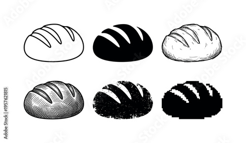Collection of six different artistic styles of bread loaves on a white background