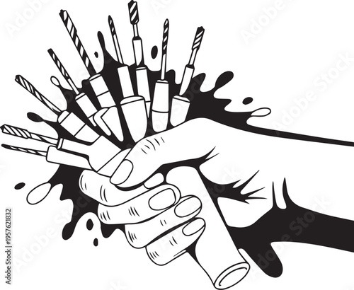 Creative vector illustration of human hand holding bunch of assorted drill bits against black ink splash background for workshop concept