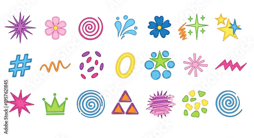 Colorful graphic shapes and symbols are arranged in rows on a white background