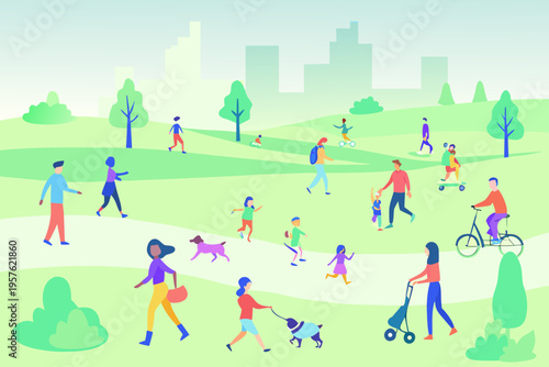 A vibrant park scene filled with people enjoying outdoor activities