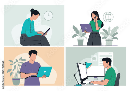 Modern business people working with technology in various digital environments