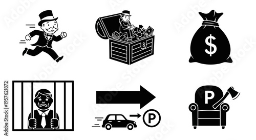 Man running with money bag and treasure chest in city parking lot scene