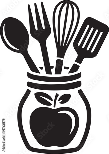 Kitchen utensils set inside ceramic jar with apple emblem including spoon fork whisk and spatula flat icon design isolated on white
