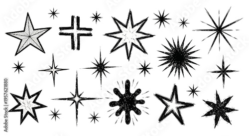 Black starburst illustrations explode in various sizes and styles on white