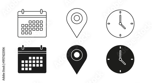A graphic illustration of a set containing a calendar, location pin, clock, planner, and map marker icons.