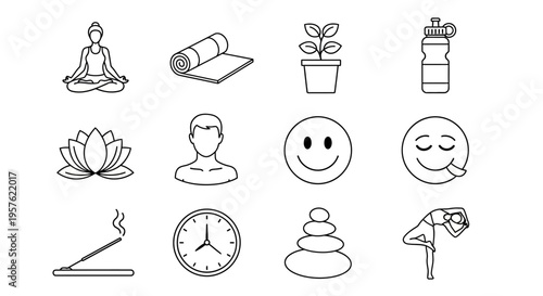 A serene yoga scene with a person meditating on a mat next to a plant and a smiley face surrounded by a clock and lotus.